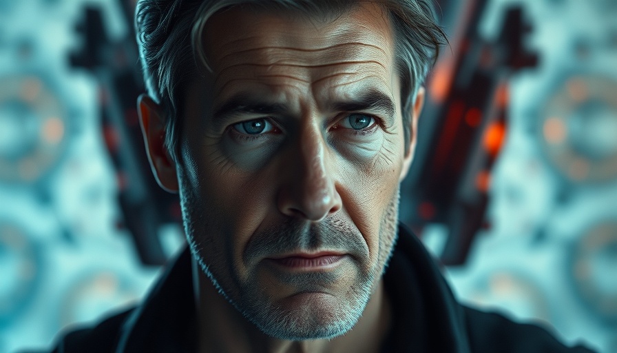 Embracing Our Divinity concept with mature man reflecting on AI and human augmentation.