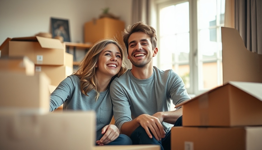 Young couple dreaming of buying real estate with minimal capital, sitting among boxes.