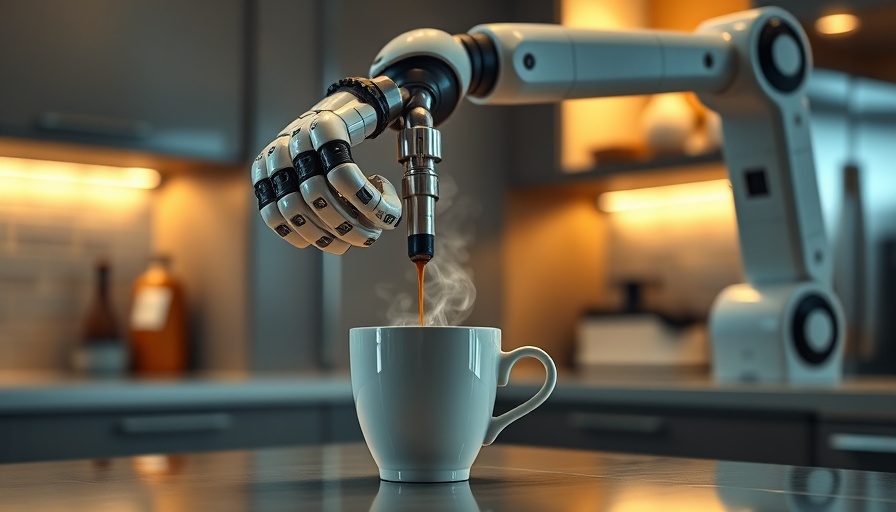 AI coffee-making robot pouring coffee in modern kitchen.