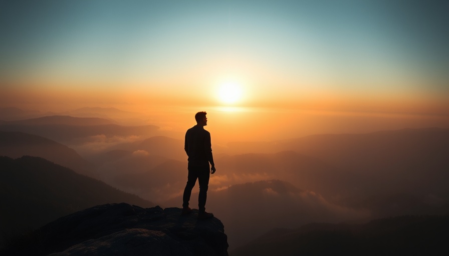 Man on cliff gazing at misty landscape at sunrise, Strategies for Navigating Market Volatility.