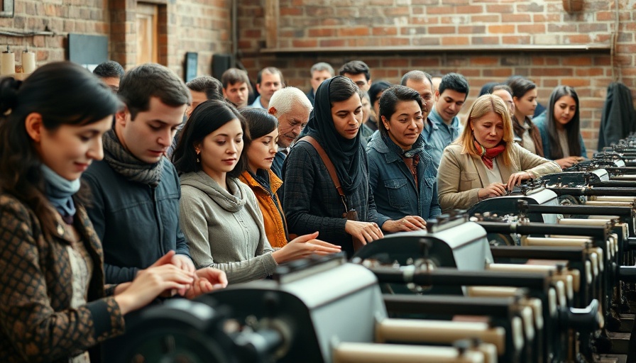 Textile workshop with flax machinery and observers, focusing on flax industry revival.