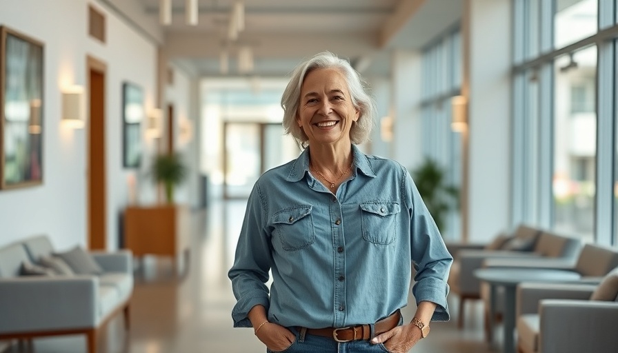 Middle-aged woman smiling, symbolizing healing through meditation and transformation in a modern interior.