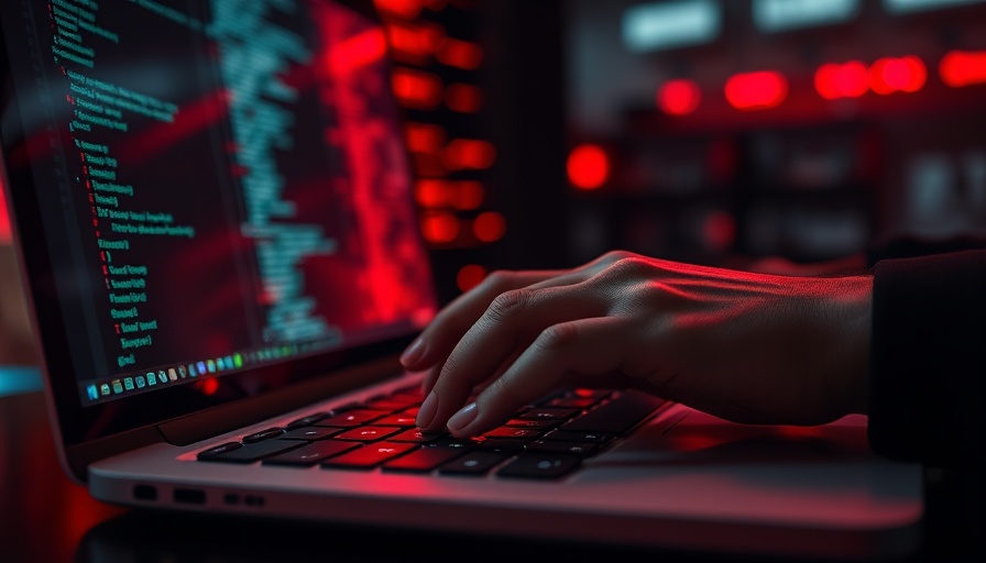 Hands typing on a laptop with code reflection, cyber theme in UK tech context.