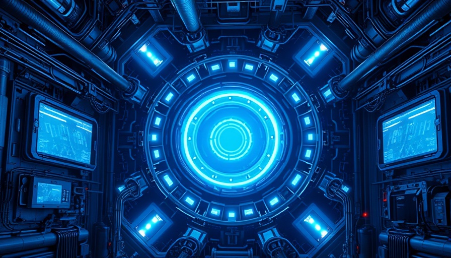Futuristic energy facility emitting blue light, vibrant tech scene.