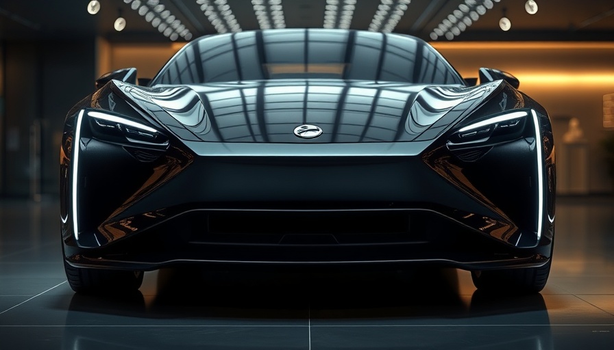 Futuristic electric car front design at showcase.