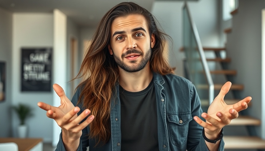 Man gesturing with open hands in a modern apartment, attracting meaningful connections.