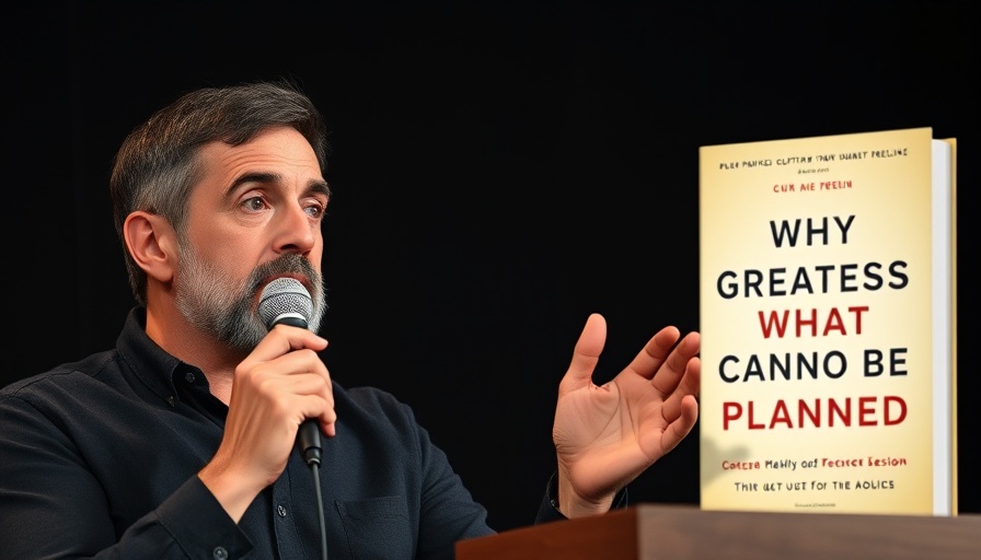 A man discussing ideas with 'Why Greatness Cannot Be Planned' book cover beside him.