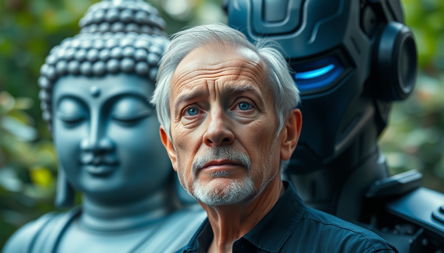 Struggle between good and evil depicted with man, Buddha, and robot.
