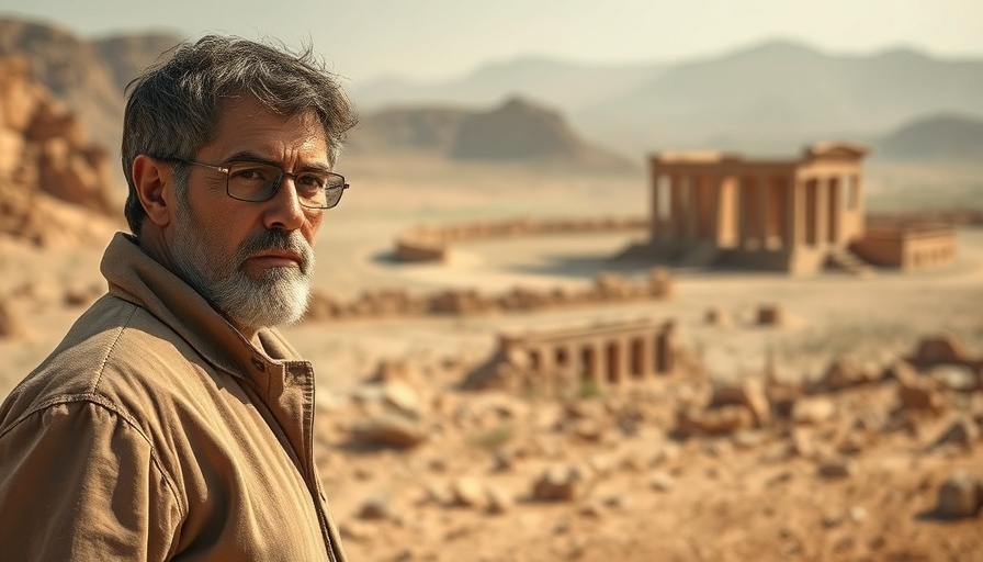 Psalm 83 War prophecy expert amidst ancient ruins, cinematic landscape.