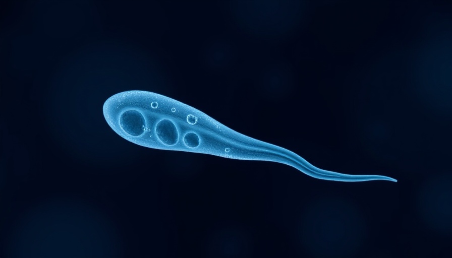 Decline in Male Fertility: Close-up of a sperm cell against dark blue.