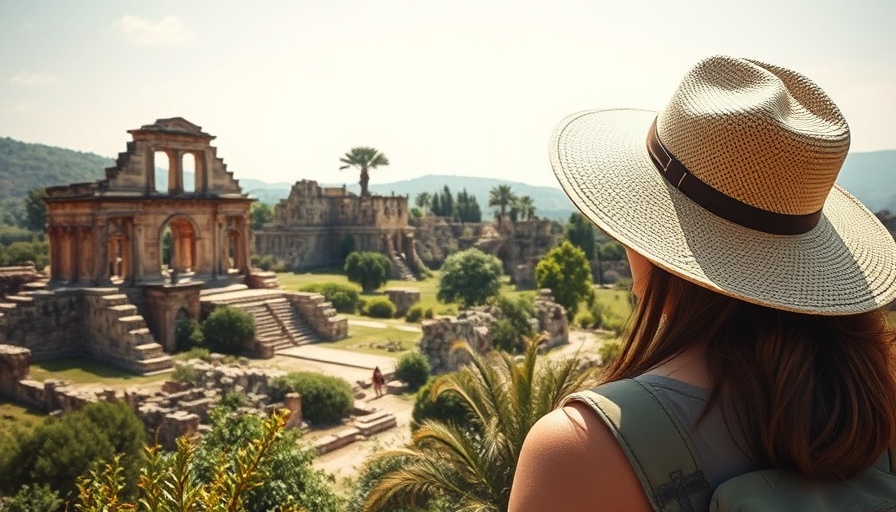 Traveler's reflection near ancient ruins evokes spiritual awakening.
