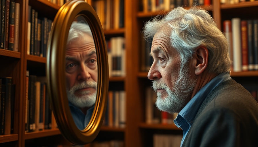 Reflective elder in a library, pondering quantum consciousness.