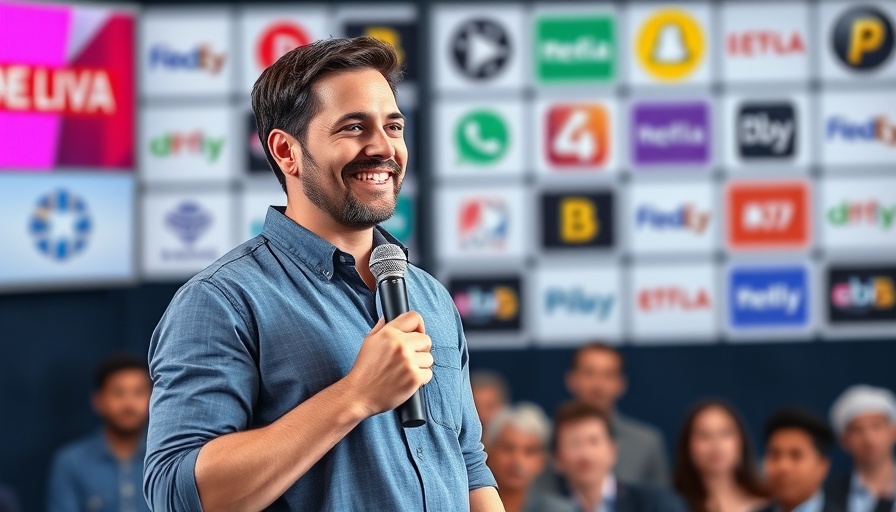 Casual speaker smiling with microphone against media logo backdrop.
