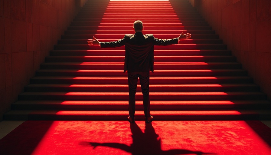 Person on red carpet with dramatic shadows, US Cloud Giants theme.