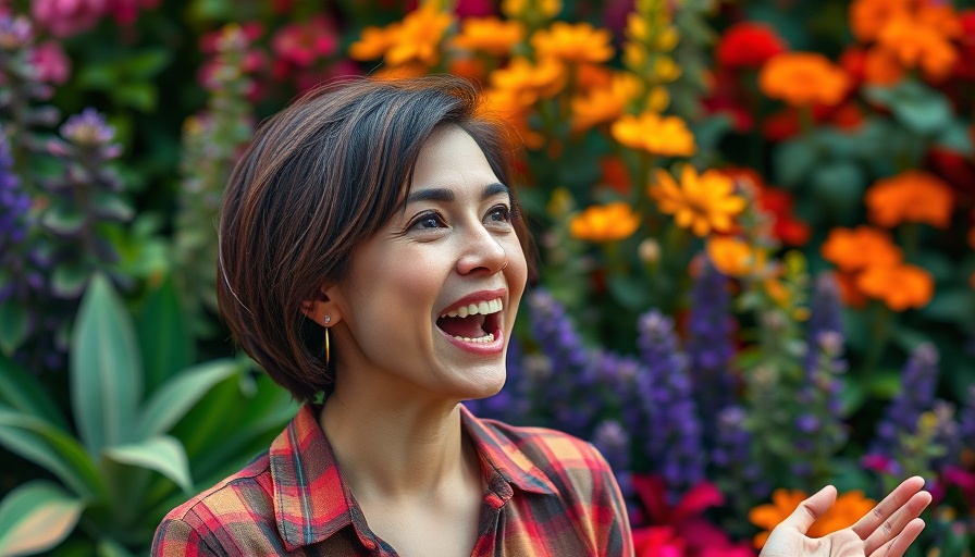 Mind-body connection presentation, woman speaking, floral backdrop.