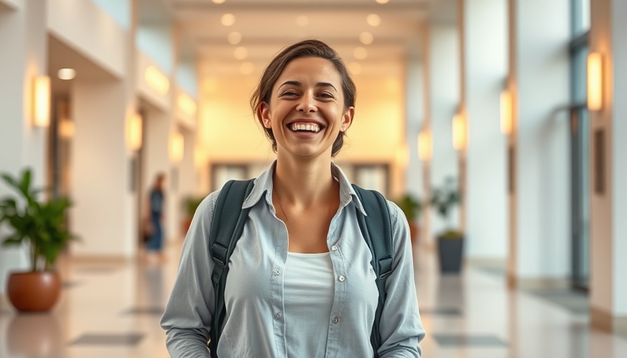 Joyful woman experiencing instant healing from trauma in modern lobby.
