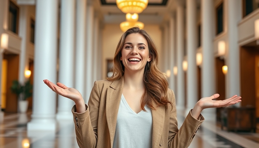 Smiling woman gesturing in a bright lobby discussing meditation techniques.