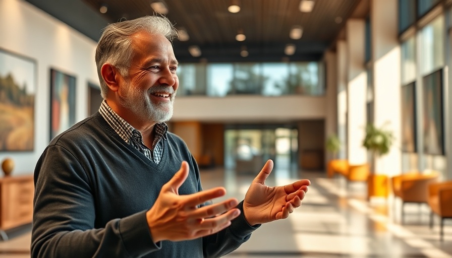 Neuroplasticity and Healing: Smiling man gesturing in modern lobby.
