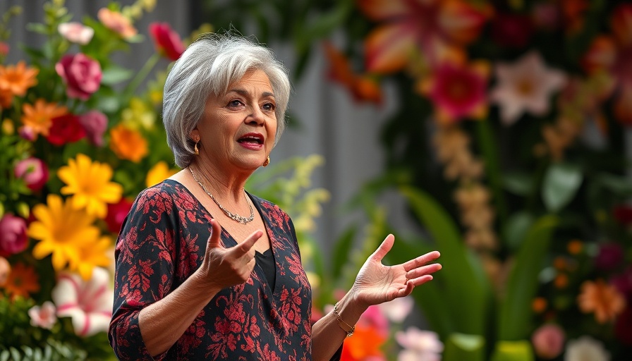 Confident woman discussing self-healing techniques on stage with flowers.
