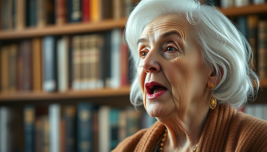 Elderly woman speaking in a home library about spiritual awakening.