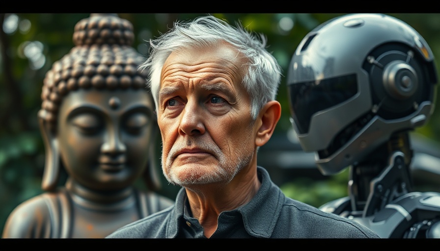 Reflective man between Buddha and robot, the missing piece in our story.