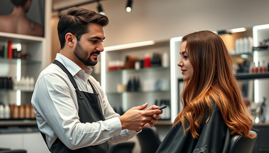Professional hairstylist consulting young woman about scalp health in salon.