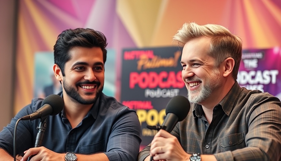Two men discussing in a podcast with vibrant graphics.