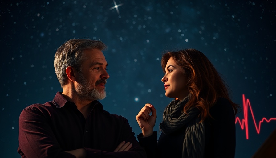 Transforming Grief into Growth: Two people in deep discussion, starry backdrop.