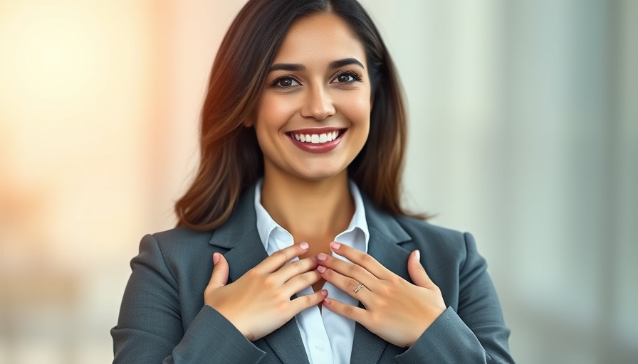 Smiling professional woman promoting energy healing with calm demeanor.