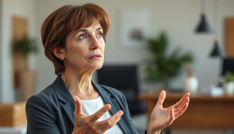 Woman explaining consciousness in modern office, quantum science and spirituality.