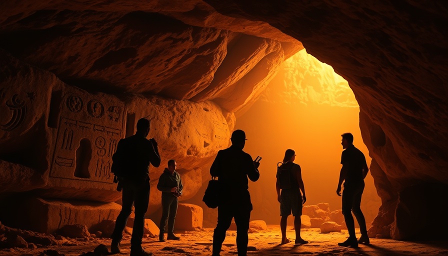 Group exploring ancient cave with cosmic carvings, warm lighting.