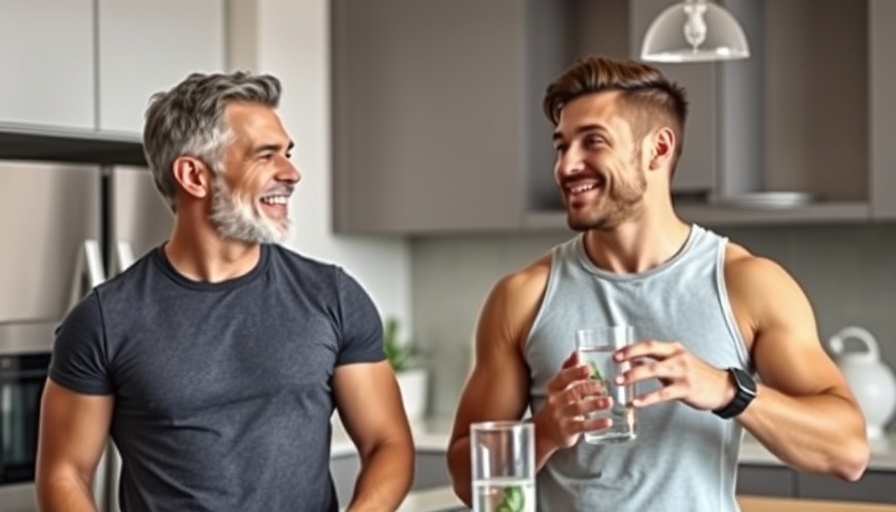 Fit couple discussing health optimization with hydrogen water in modern kitchen.