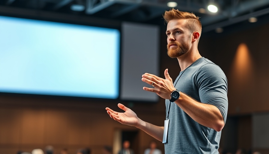 Athletic man on stage discussing Health Optimization in conference.