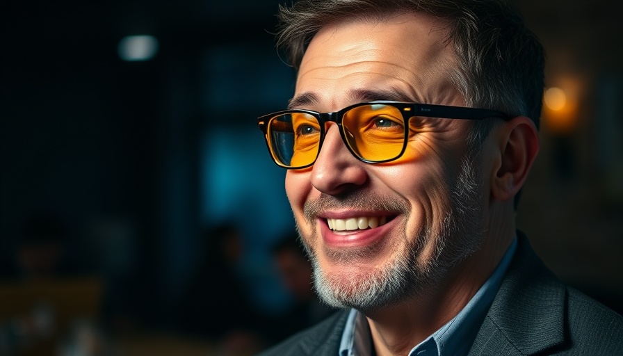 Smiling man with yellow-tinted glasses giving an interview indoors.