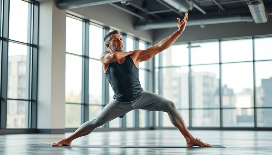 Flexible man reversing biological age doing yoga in modern gym.