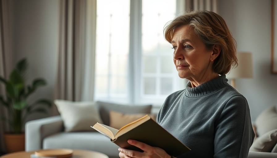 Middle-aged woman seated holding a book, Healing from Grief setting.