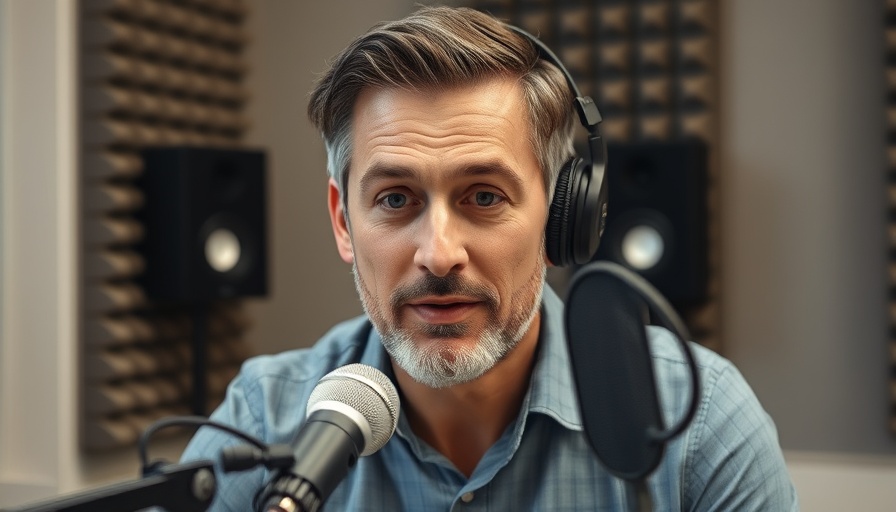 Middle-aged man discussing baby formula selection tips on a podcast.