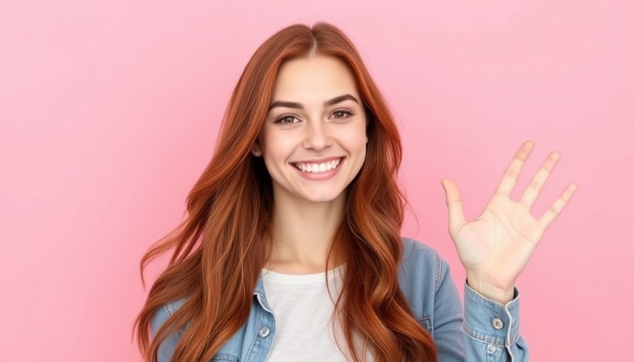 Smiling woman waving, biohacking casual interaction.