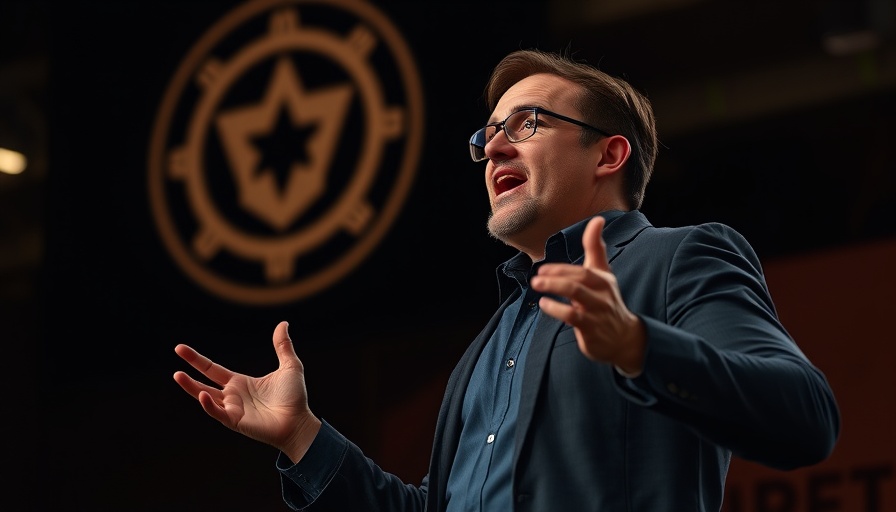 Man speaking energetically on stage with a large logo.