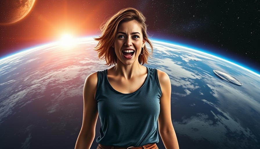 Enthusiastic woman in front of earth backdrop discussing near-death experiences.
