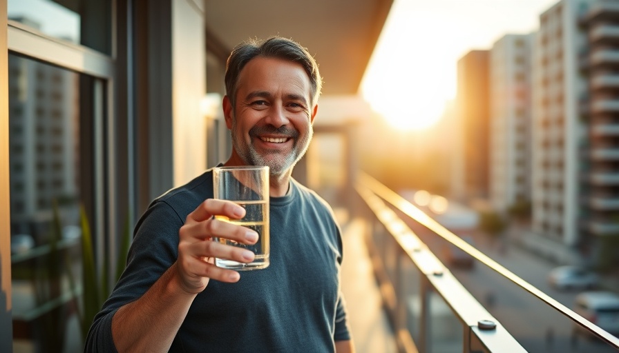 Smiling man with morning drink on sunlit balcony for optimal health.