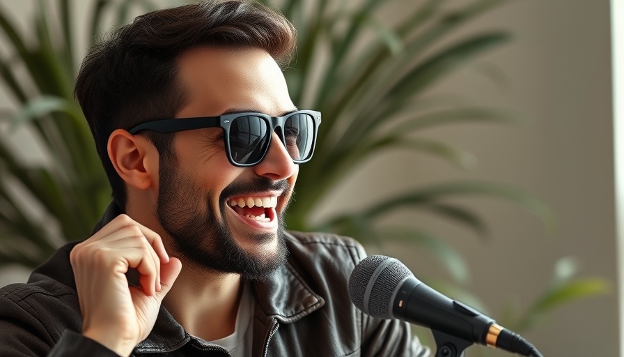 Smiling man in leather jacket and sunglasses speaking in studio.