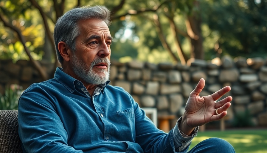 Man seated outdoors discussing daily sunscreen usage in a garden setting.