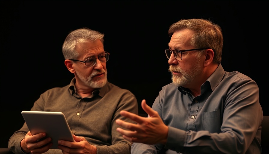 Middle-aged man discussing technology, dark backdrop.