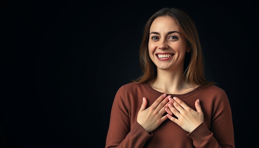 Heartfelt woman smiling, hands on chest, Healing from Grief.