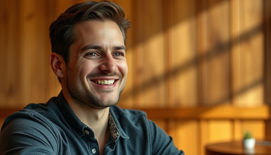 Casual man smiling indoors with warm lighting