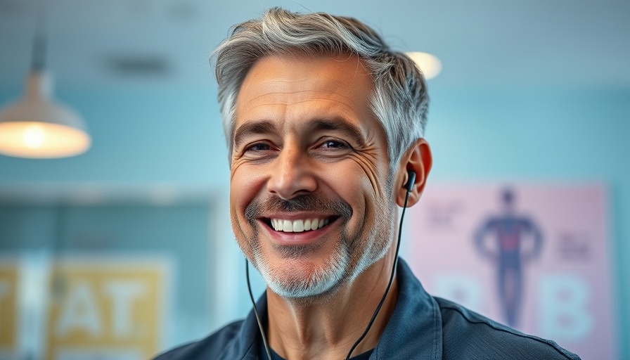 Smiling man in a medical promotional image for hair restoration.