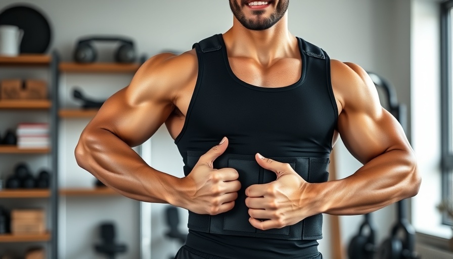 Man wearing black weighted vest in home gym, promoting fitness.