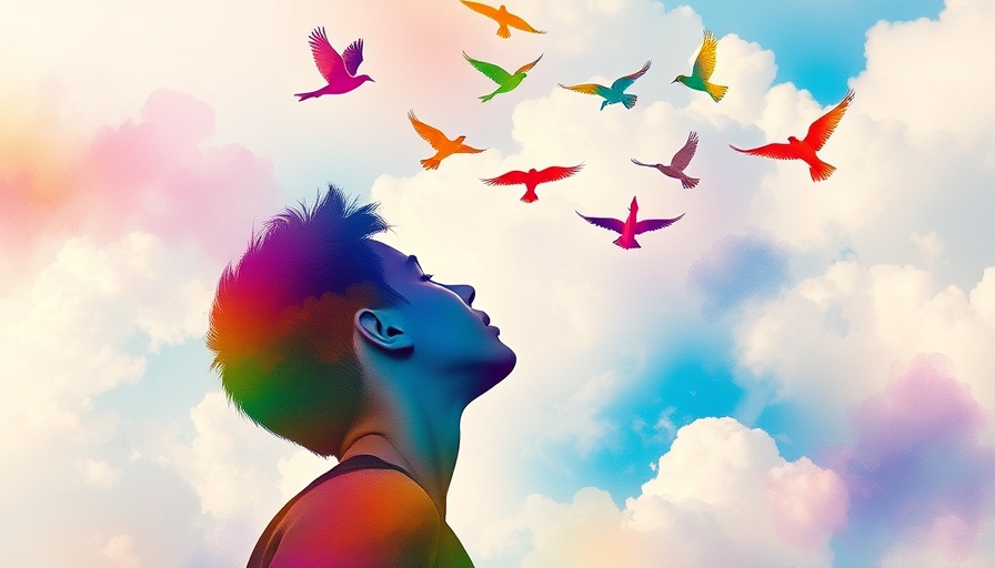 Colorful silhouette watching birds, symbolizing meditation for higher consciousness.