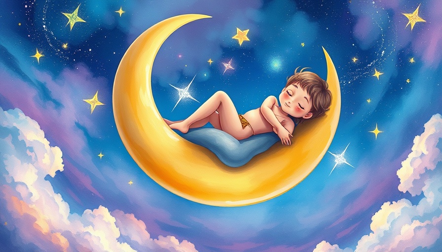 Whimsical scene of person on a crescent moon in colorful dreamscape.